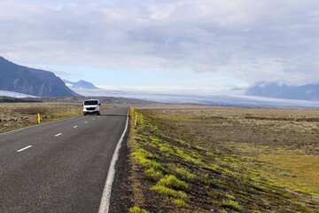 Road in the south of Iceland, on a summer day with blue sky