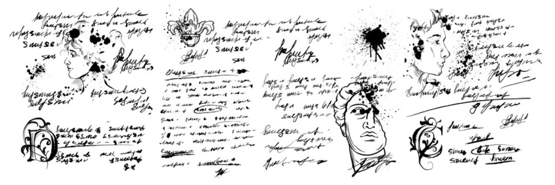 Handwriting text sketch notes, vintage ink written background, dirty splash diary vector old blots. Pen scribble abstract texture calligraphy document, Greek retro grunge paper. Handwriting text sign