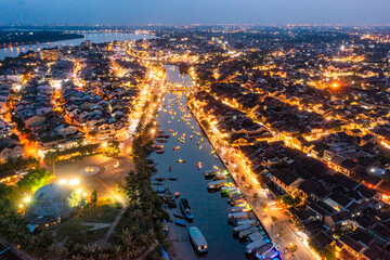 Aerial drone view of Hoi An city, Vietnam. Ancient town, UNESCO world heritage, at Quang Nam province.