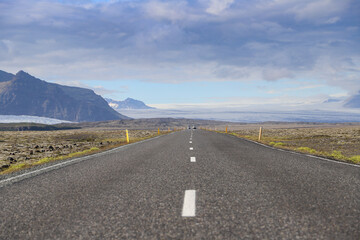 Road in the south of Iceland, on a summer day with blue sky