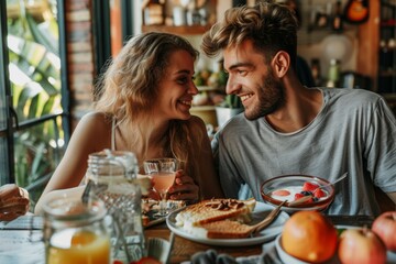 Portrait of a happy couple in their 20s having breakfast together