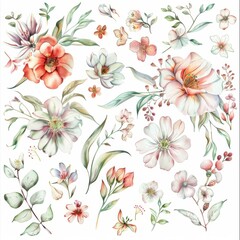 A collection of hand-drawn watercolor flowers and leaves in soft pastel colors, perfect for floral design and botanical illustrations.