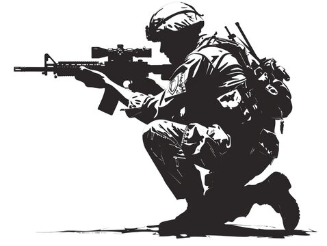 recommend clip art: Soldier's silhouette kneeling with rifle against white background.