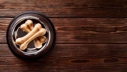 金属製の犬用の食器に入った骨（Dog bone in a metal dog dish.）

