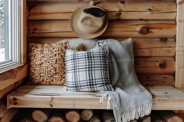 Rustic and cozy bedroom with wooden decor and natural light, creating a warm and inviting indoor setting with contemporary elegance and comfortable ambiance.