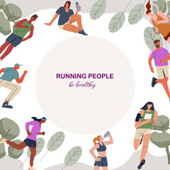 Frame, background running people, jogging. Active healthy runners, men , women training outdoors. Flat vector illustration