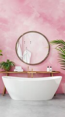 A bright and modern bathroom features a freestanding bathtub, wooden cabinets, and a large window with a view of a mountain landscape