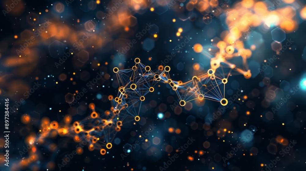 Poster abstract glowing network of atoms and molecules with particle effects - a representation related to 