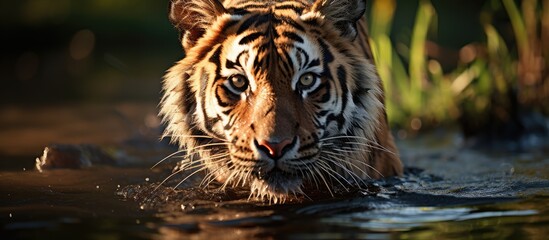 Fototapeta premium a tiger walks in the water. Wild animals. in the river flow
