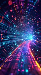 Fototapeta premium Abstract tunnel of data with glowing lines and digital code.