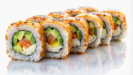 Close-up of a Row of Salmon and Avocado Sushi Rolls Topped with Sesame Seeds