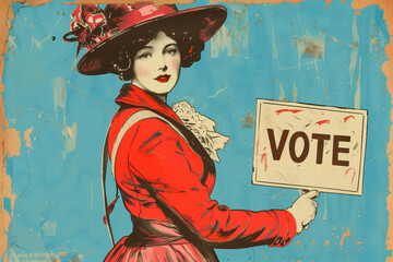 vintage suffragette woman holding vote sign