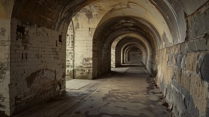 Fototapeta premium A Long, Dark Archway in an Old Stone Fortress