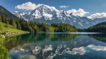 A serene and picturesque nature scene featuring a crystal-clear mountain lake surrounded by lush green forests and snow-capped peaks.
