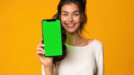 Naklejka premium Woman Showing Smart phone with Chroma Key Green Screen