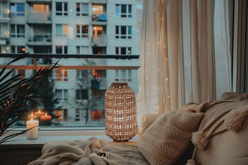 Cozy reading nook with warm lighting, soft pillows, and decorative lanterns, creating a serene and inviting atmosphere