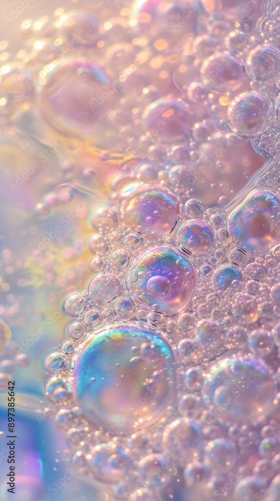 Poster Closeup of iridescent soap bubbles with pastel colors and bokeh effect, abstract background. Dreamy texture and color concept