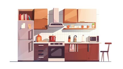 A cute cartoon Style ofA modern, open-plan kitchen with sleek appliances and a central island