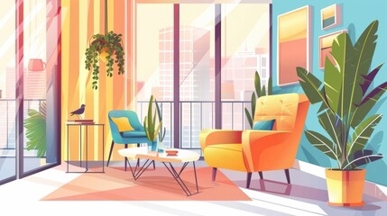 A cute cartoon Style ofA modern apartment with stylish furniture, vibrant decor, and a view of the city
