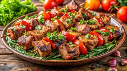 Image of kebab, fried pieces of meat, barbecue, grilled on coals, on a beautiful tray, on a table, in a restaurant, beautiful design, vegetables, tomato, herbs. Macro photography