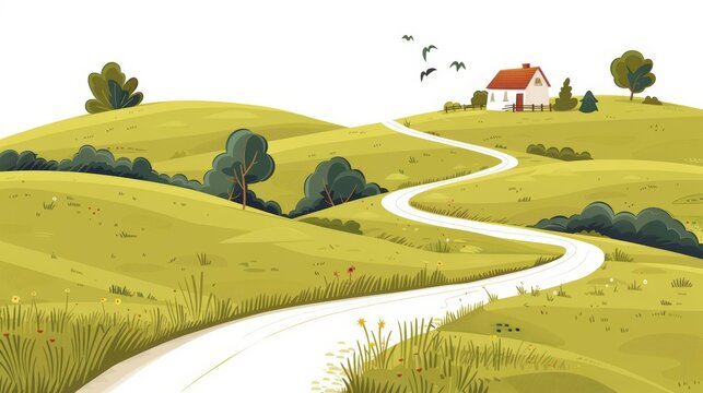 A cute cartoon Style ofA peaceful countryside with a winding road, open fields, and a quaint farmhouse