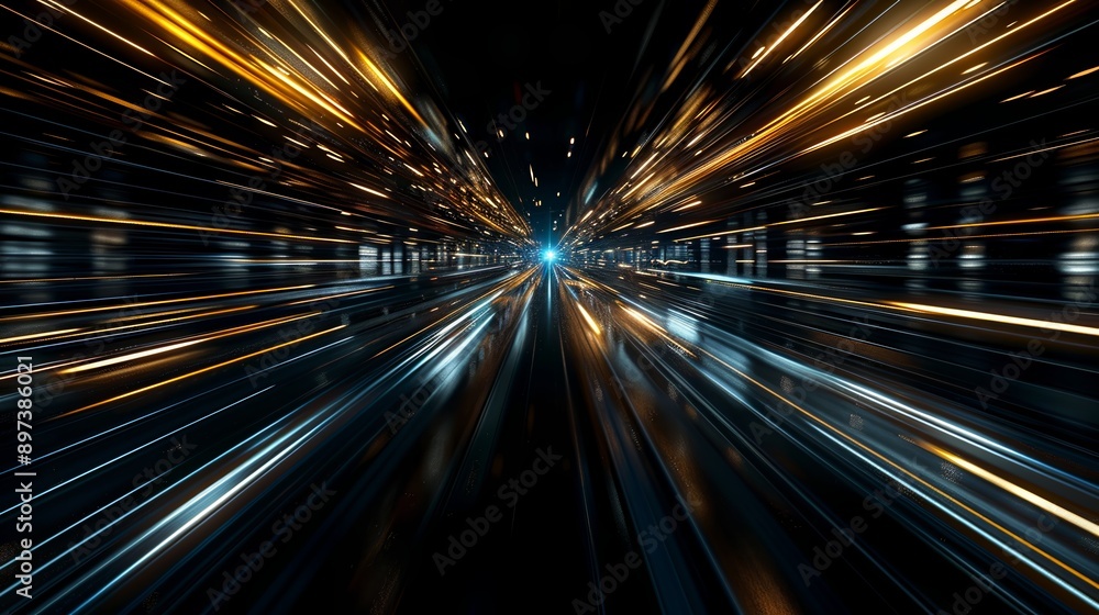 Poster vibrant blue and orange abstract background with dynamic light trails converging towards the center