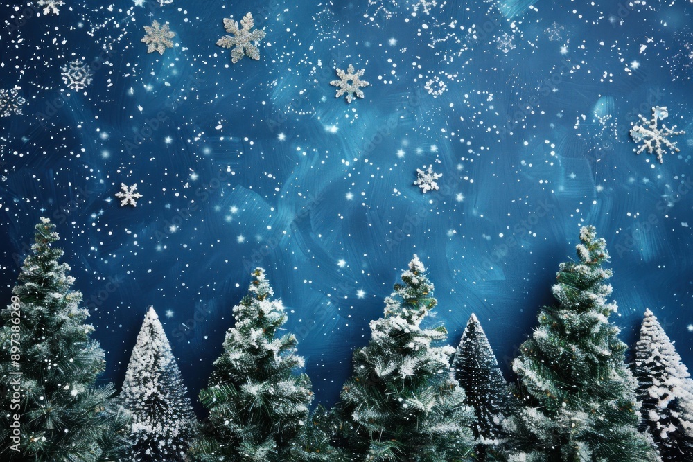 Poster snow falling on a row of snowy evergreen trees with a vibrant blue background
