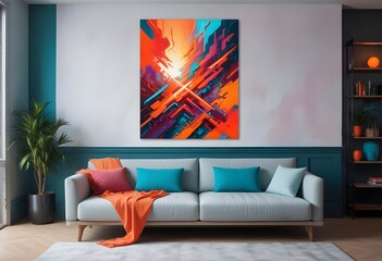 Modern living room with lighting pendant and a painting..