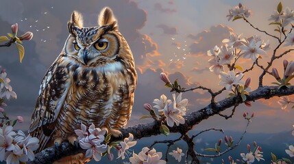 Majestic owl perched on a blossoming branch during sunset, showcasing nature's tranquility and beauty.