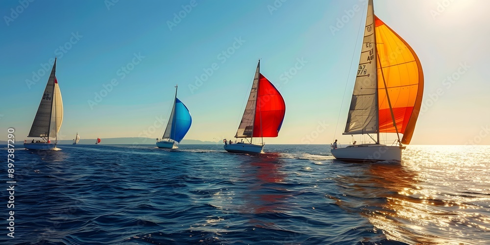 Wall mural Sailing Competition: Sailboats racing on the open sea, with vibrant sails and a clear horizon