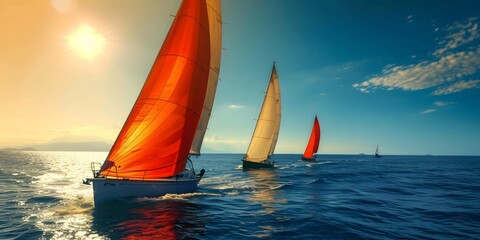 Sailing Competition: Sailboats racing on the open sea, with vibrant sails and a clear horizon