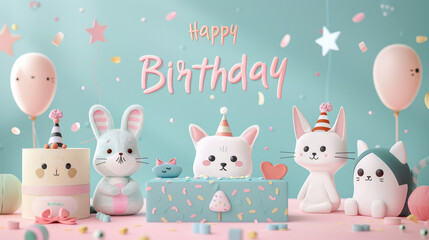"Happy Birthday" banner, pastel background with animal party, flat design illustration