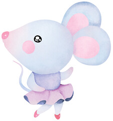 Cute mouse ballerina.Rat is wearing pink skirt.Hand draw with watercolor.Animal dancing happily.