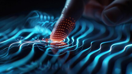 Close-up minimal Style of Close-up of a human finger touching an AI-generated digital ripple
