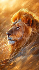 Fototapeta premium Majestic lion basking in golden sunset light