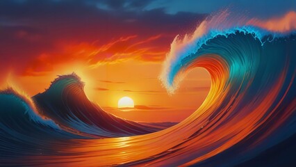 Beautiful ocean surfing shorebreak wave at sunset time
