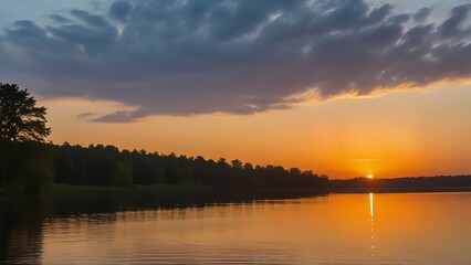 A serene sunset over a tranquil lake with reeds along the edge, casting a warm orange glow on the water, creating a peaceful landscape.