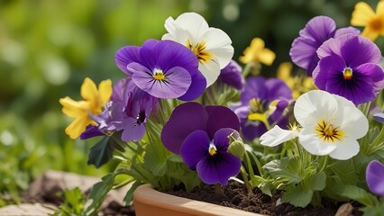 Potted Pansies on Balcony garden nursery. Gardening concept