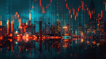 The city skyline at night is enhanced by stock market graphs, exemplifying financial data visualization