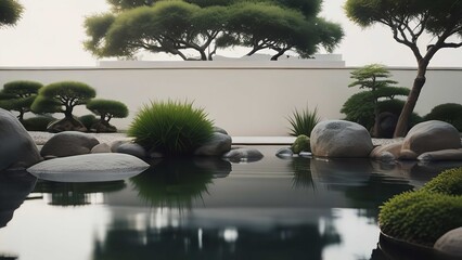 The beautiful peaceful view on the small lake with rocks, birds ibis, little japanese lighting appliance and water lilly flowers in Japanese Garden