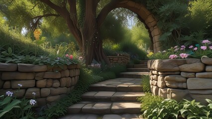 A whimsical secret garden hidden behind a stone wall