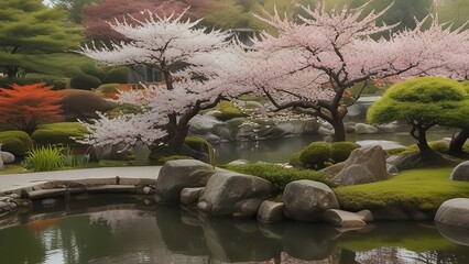 Modern impressionist oil painting of lush blooming spring japanese garden with pink sakura cherry trees in full blossom and bridge over river.