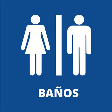 Cartel de cuarto de ba&ntilde;o de hombre y mujer en color blanco y azul. Vector