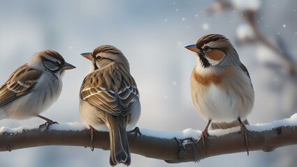 three funny birds Sparrow sitting on a branch in winter