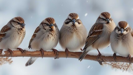 Christmas card with lots of cute little birds, the sparrows sitting in the winter garden under fir branch under snow