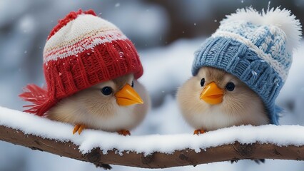 two cute little birds in funny knit hats in the winter sitting on a branch in the garden in the snow