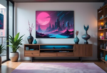 A modern living room with a tv, decoration paintings, and a tv furniture set.