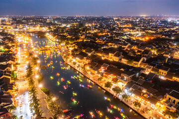 Aerial drone view of Hoi An city, Vietnam. Ancient town, UNESCO world heritage, at Quang Nam province.