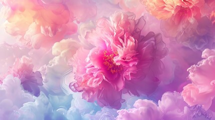 Romantic and dreamy abstract floral background with pink peonies blooming from pastel ink clouds