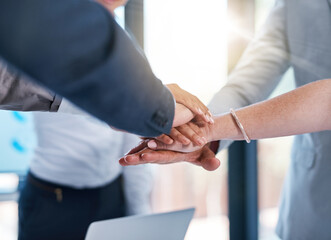 Business people, closeup or hands in stack for project, support or meeting for corporate goals....